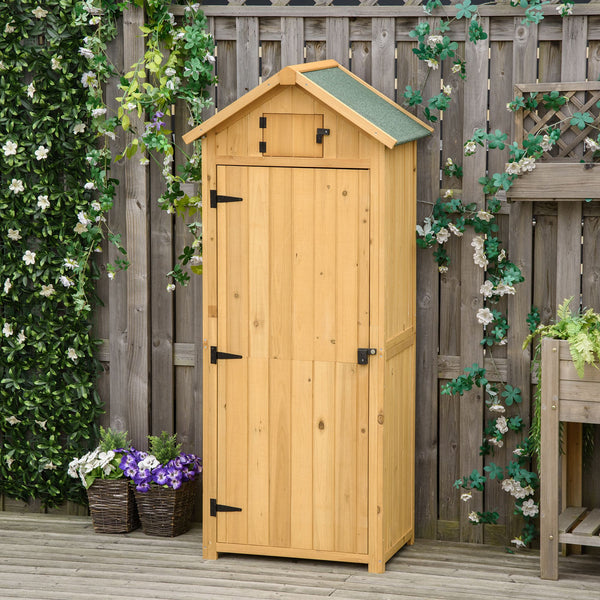 Armoire de jardin extérieur abri de jardin en bois abri pour outils 3 étagères 2 Portes loquets Toit Pente bitumé rangement et stockage extérieurs pour terrasse 77 x 54 x 179 cm jaune