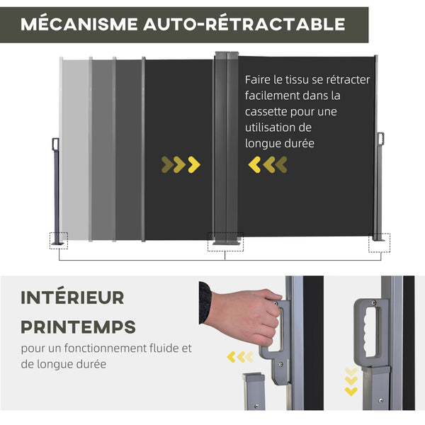 Double Store latéral Brise-Vue paravent rétractable dim. 6L x 1,80H m Polyester Anti-UV Haute densité 180 g/m² Gris et noir
