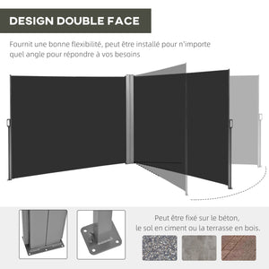 Double Store latéral Brise-Vue paravent rétractable dim. 6L x 1,80H m Polyester Anti-UV Haute densité 180 g/m² Gris et noir