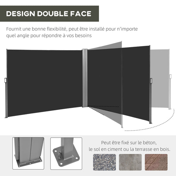 Double Store latéral Brise-Vue paravent rétractable dim. 6L x 1,80H m Polyester Anti-UV Haute densité 180 g/m² Gris et noir