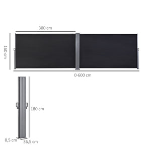 Double Store latéral Brise-Vue paravent rétractable dim. 6L x 1,80H m Polyester Anti-UV Haute densité 180 g/m² Gris et noir