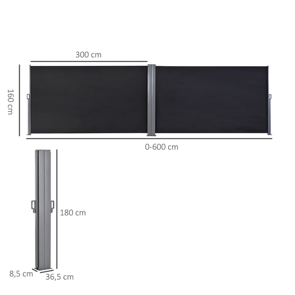 Double Store latéral Brise-Vue paravent rétractable dim. 6L x 1,80H m Polyester Anti-UV Haute densité 180 g/m² Gris et noir