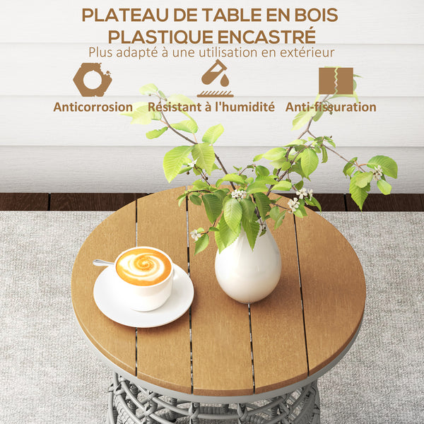 Table basse de jardin, table d'appoint extérieur ronde en résine aspect rotin métal et plateau composite, Ø 45 x 50 cm gris