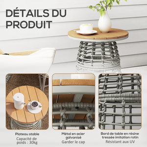 Table basse de jardin, table d'appoint extérieur ronde en résine aspect rotin métal et plateau composite, Ø 45 x 50 cm gris