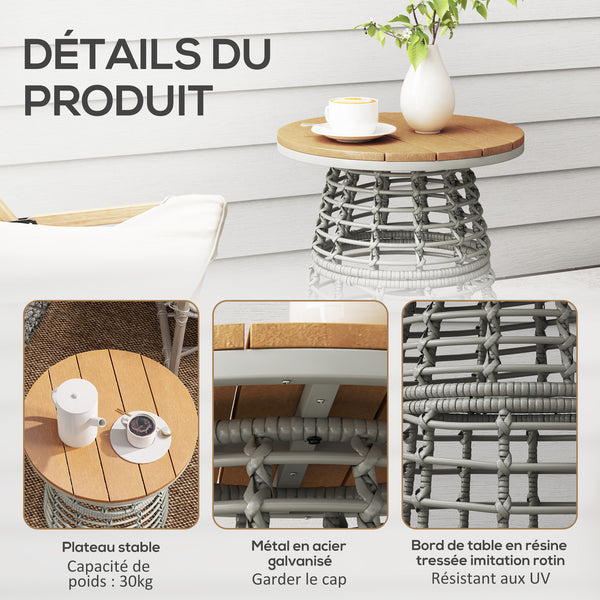 Table basse de jardin, table d'appoint extérieur ronde en résine aspect rotin métal et plateau composite, Ø 45 x 50 cm gris