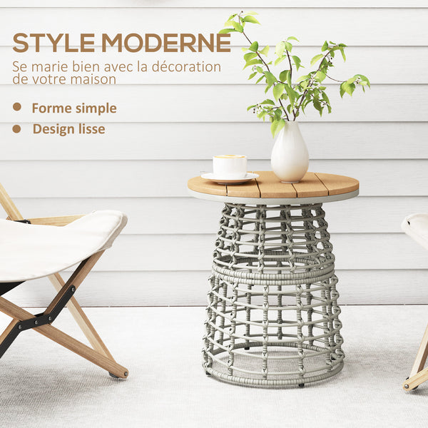 Table basse de jardin, table d'appoint extérieur ronde en résine aspect rotin métal et plateau composite, Ø 45 x 50 cm gris