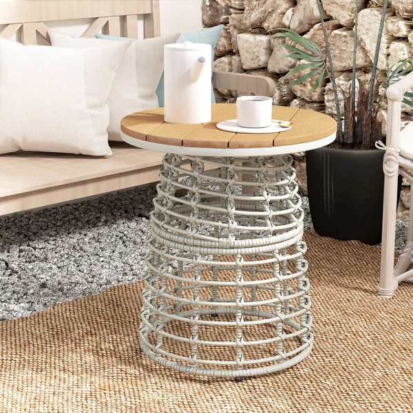 Table basse de jardin, table d'appoint extérieur ronde en résine aspect rotin métal et plateau composite, Ø 45 x 50 cm gris