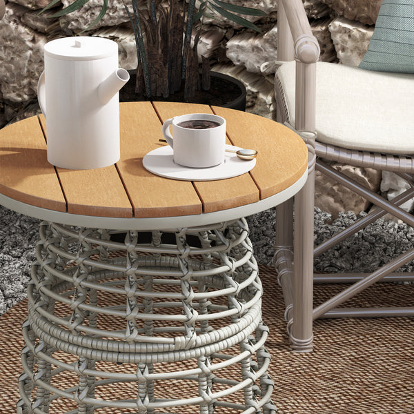 Table basse de jardin, table d'appoint extérieur ronde en résine aspect rotin métal et plateau composite, Ø 45 x 50 cm gris