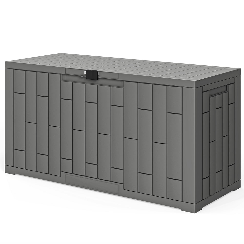 Coffre de Rangement Extérieur 227 L Verrouillable avec Vérin à Gaz, Boîte de Jardin en Aspect Bois Résistant aux UV, pour Outils Accessoires, 106,5x43x54,5cm, Gris
