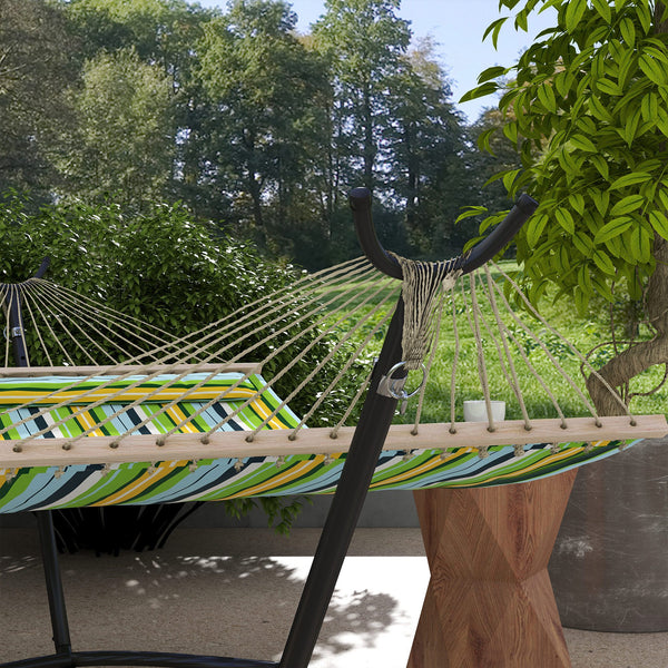Support Pied de hamac Structure Robuste métal époxy Hauteur réglable 6 Niveaux Noir dim. 290L x 120l x 115H cm