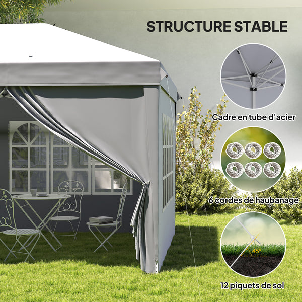 Tonnelle de jardin pliante 6 x 3 m tonnelle de jardin extérieure barnum pliant pop-up imperméabilisé 4 parois latérales amovibles 4 fenêtres + sac de transport gris clair