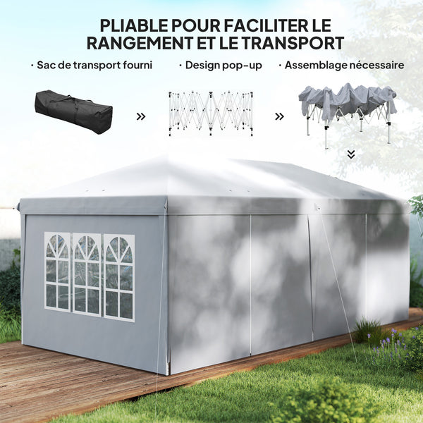 Tonnelle de jardin pliante 6 x 3 m tonnelle de jardin extérieure barnum pliant pop-up imperméabilisé 4 parois latérales amovibles 4 fenêtres + sac de transport gris clair