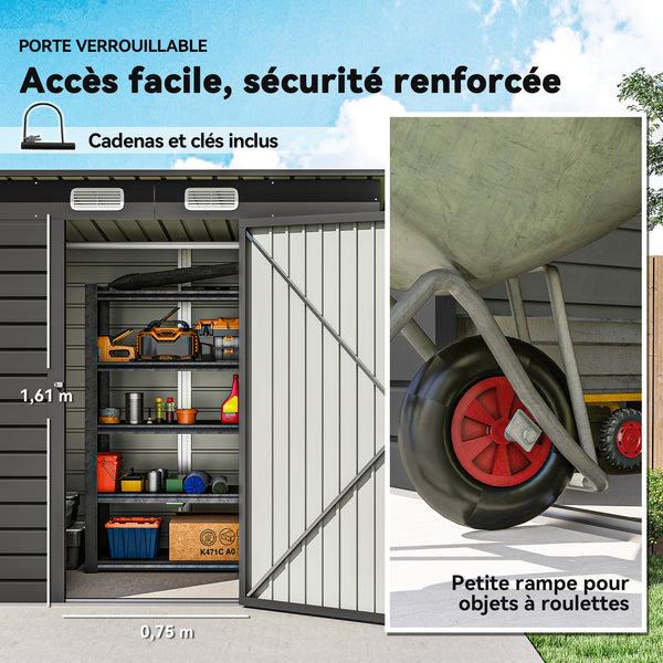 Abri de jardin en métal 2,5 m² facile à monter, cabane de jardin 191x130x183cm structure en acier galvanisé améliorée, cabanon rangement outils gants portes verrouillables 2 aérations, gris
