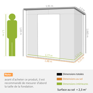 Abri de jardin en métal 2,5 m² facile à monter, cabane de jardin 191x130x183cm structure en acier galvanisé améliorée, cabanon rangement outils gants portes verrouillables 2 aérations, gris