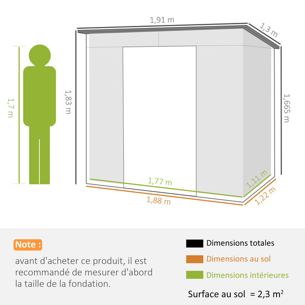 Abri de jardin en métal 2,5 m² facile à monter, cabane de jardin 191x130x183cm structure en acier galvanisé améliorée, cabanon rangement outils gants portes verrouillables 2 aérations, gris