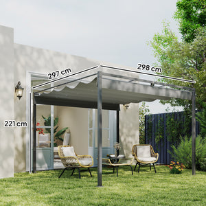 Pergola Rétractable Coulissante 3 x 3 m, tonnelle de Jardin à fixation magnétique Tissu Polyester Haute densité 180g/m² résistant aux UV, pour patios, jardin, terrasse, arrière-cours, gris