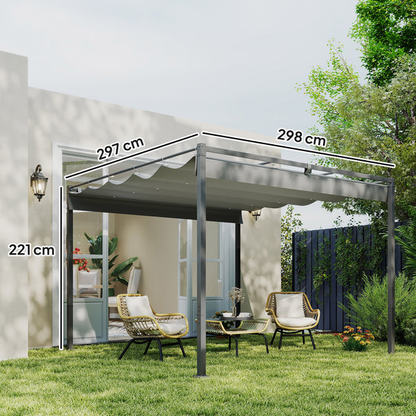 Pergola Rétractable Coulissante 3 x 3 m, tonnelle de Jardin à fixation magnétique Tissu Polyester Haute densité 180g/m² résistant aux UV, pour patios, jardin, terrasse, arrière-cours, gris