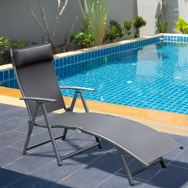 transat Chaise Longue Bain de Soleil Pliable Dossier inclinable Multi-Positions têtière fournie 137L x 64l x 101H cm métal époxy textilène Gris