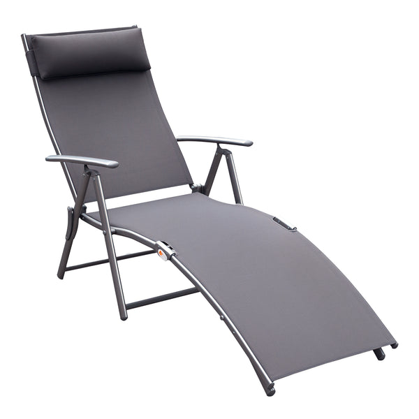 transat Chaise Longue Bain de Soleil Pliable Dossier inclinable Multi-Positions têtière fournie 137L x 64l x 101H cm métal époxy textilène Gris