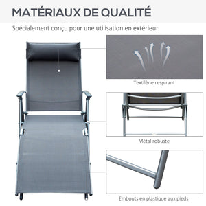 transat Chaise Longue Bain de Soleil Pliable Dossier inclinable Multi-Positions têtière fournie 137L x 64l x 101H cm métal époxy textilène Gris