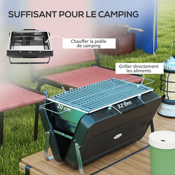 Mini barbecue à charbon BBQ portable avec coque de valise barbecue de table pliable pour jardin, camping, pique-nique, dim. 47L x 30l x 28H cm noir