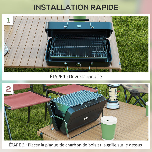 Mini barbecue à charbon BBQ portable avec coque de valise barbecue de table pliable pour jardin, camping, pique-nique, dim. 47L x 30l x 28H cm noir
