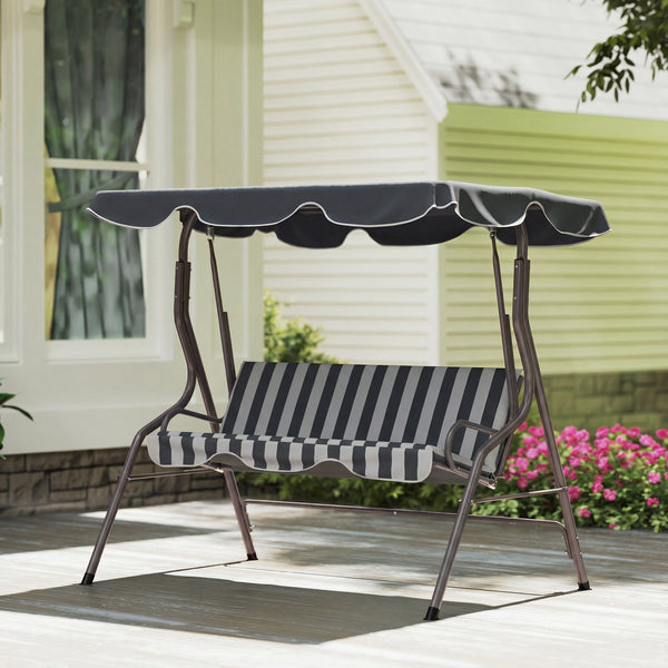 Balancelle de Jardin 3 Places Toit imperméabilisé Inclinaison réglable Coussins Assise Dossier 1,7L x 1,1l x 1,53H m Acier Polyester gris blanc rayé