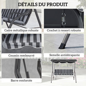 Balancelle de Jardin 3 Places Toit imperméabilisé Inclinaison réglable Coussins Assise Dossier 1,7L x 1,1l x 1,53H m Acier Polyester gris blanc rayé