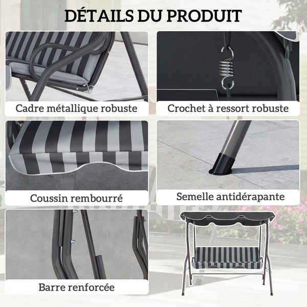 Balancelle de Jardin 3 Places Toit imperméabilisé Inclinaison réglable Coussins Assise Dossier 1,7L x 1,1l x 1,53H m Acier Polyester gris blanc rayé