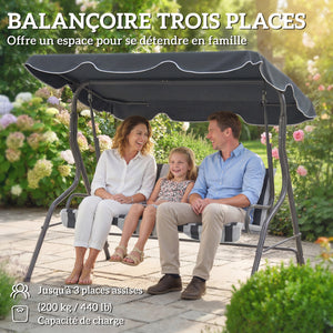 Balancelle de Jardin 3 Places Toit imperméabilisé Inclinaison réglable Coussins Assise Dossier 1,7L x 1,1l x 1,53H m Acier Polyester gris blanc rayé