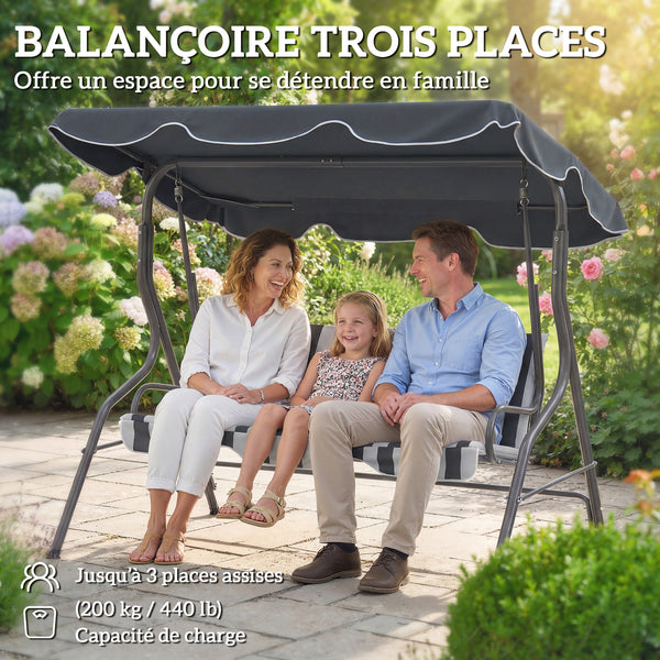 Balancelle de Jardin 3 Places Toit imperméabilisé Inclinaison réglable Coussins Assise Dossier 1,7L x 1,1l x 1,53H m Acier Polyester gris blanc rayé