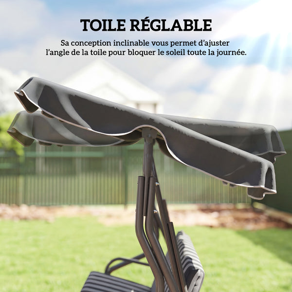 Balancelle de Jardin 3 Places Toit imperméabilisé Inclinaison réglable Coussins Assise Dossier 1,7L x 1,1l x 1,53H m Acier Polyester gris blanc rayé