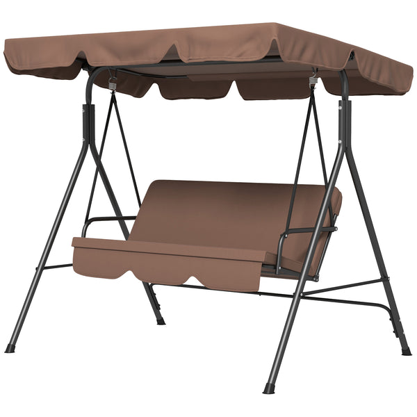 Balancelle de Jardin 3 Places Toit Inclinaison réglable Coussins Assise et Dossier 1,72L x 1,1l x 1,53H m Acier Noir Polyester Marron
