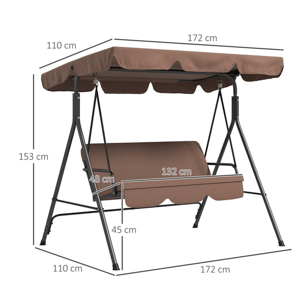 Balancelle de Jardin 3 Places Toit Inclinaison réglable Coussins Assise et Dossier 1,72L x 1,1l x 1,53H m Acier Noir Polyester Marron