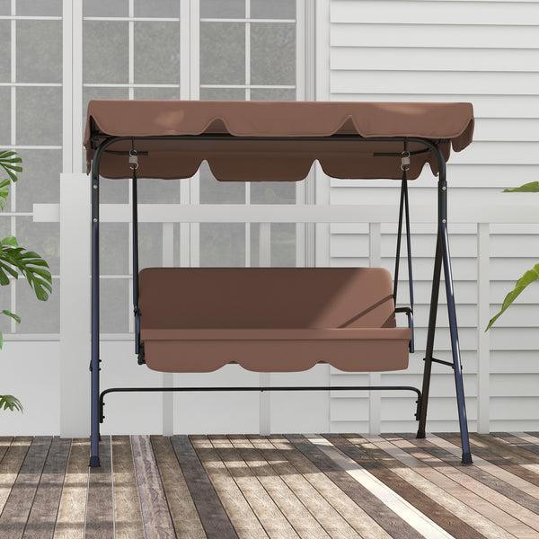 Balancelle de Jardin 3 Places Toit Inclinaison réglable Coussins Assise et Dossier 1,72L x 1,1l x 1,53H m Acier Noir Polyester Marron
