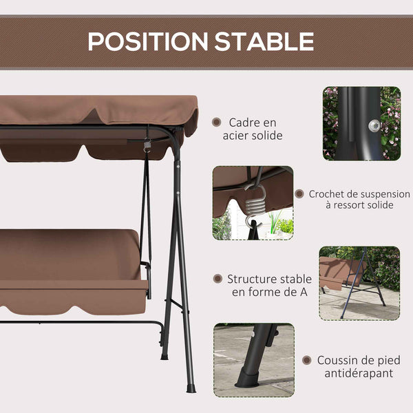 Balancelle de Jardin 3 Places Toit Inclinaison réglable Coussins Assise et Dossier 1,72L x 1,1l x 1,53H m Acier Noir Polyester Marron