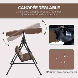 Balancelle de Jardin 3 Places Toit Inclinaison réglable Coussins Assise et Dossier 1,72L x 1,1l x 1,53H m Acier Noir Polyester Marron