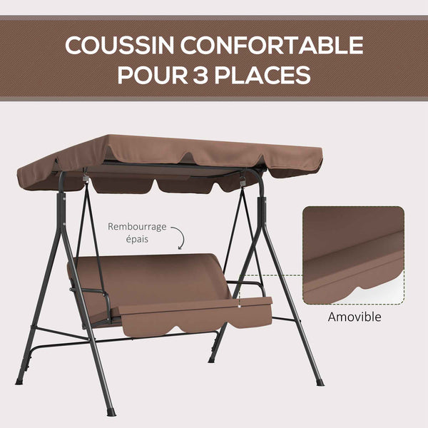 Balancelle de Jardin 3 Places Toit Inclinaison réglable Coussins Assise et Dossier 1,72L x 1,1l x 1,53H m Acier Noir Polyester Marron