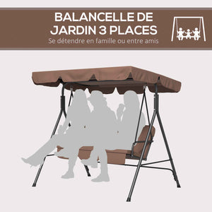 Balancelle de Jardin 3 Places Toit Inclinaison réglable Coussins Assise et Dossier 1,72L x 1,1l x 1,53H m Acier Noir Polyester Marron