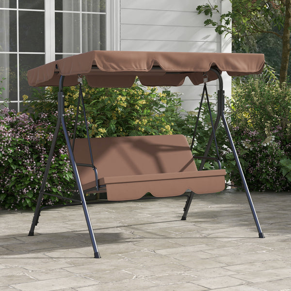 Balancelle de Jardin 3 Places Toit Inclinaison réglable Coussins Assise et Dossier 1,72L x 1,1l x 1,53H m Acier Noir Polyester Marron