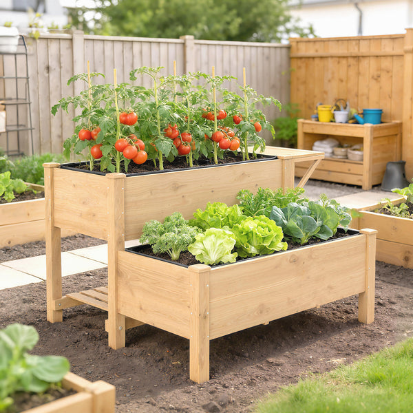 Potager sur Pieds à 2 niveaux, Jardinières surélevées avec étagères en bois avec doublure et trous de drainage pour fleurs et légumes, 119,5 x 102 x 76,5 cm, marron clair