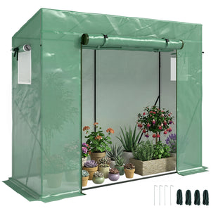 Serre de jardin PE, serre de balcon, bâche renforcée 140 g/m², châssis en acier, porte zippée enroulable, pour légumes plantes fleurs, intérieur et extérieur, 200 x 77 x 169 cm, vert