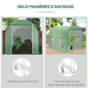Serre de Jardin Tunnel Surface Sol 6 m² 3L x 2l x 2,10H m châssis Tubulaire renforcé Porte zippée 4 fenêtres enroulables Vert
