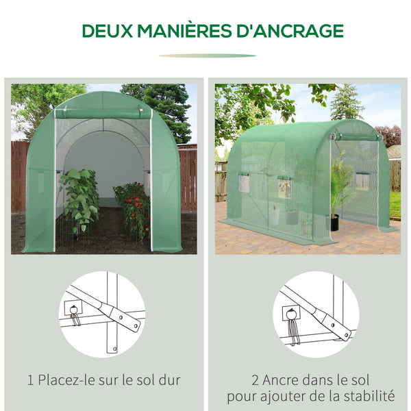 Serre de Jardin Tunnel Surface Sol 6 m² 3L x 2l x 2,10H m châssis Tubulaire renforcé Porte zippée 4 fenêtres enroulables Vert