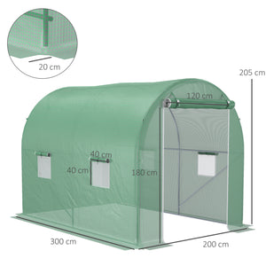 Serre de Jardin Tunnel Surface Sol 6 m² 3L x 2l x 2,10H m châssis Tubulaire renforcé Porte zippée 4 fenêtres enroulables Vert