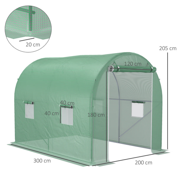 Serre de Jardin Tunnel Surface Sol 6 m² 3L x 2l x 2,10H m châssis Tubulaire renforcé Porte zippée 4 fenêtres enroulables Vert