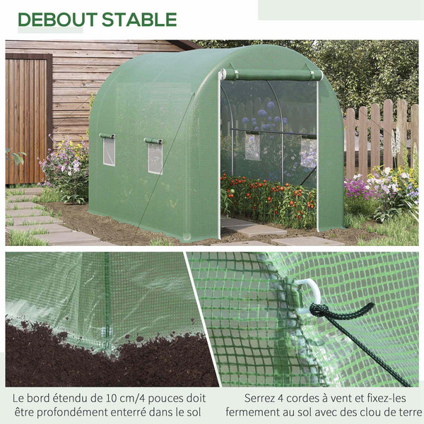 Serre de Jardin Tunnel Surface Sol 6 m² 3L x 2l x 2,10H m châssis Tubulaire renforcé Porte zippée 4 fenêtres enroulables Vert