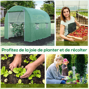 Serre de Jardin Tunnel Surface Sol 6 m² 3L x 2l x 2,10H m châssis Tubulaire renforcé Porte zippée 4 fenêtres enroulables Vert