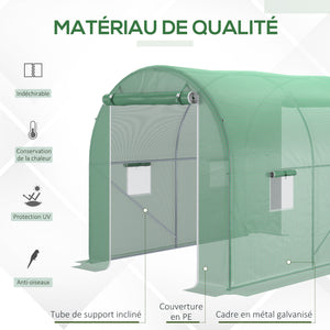 Serre de Jardin Tunnel Surface Sol 6 m² 3L x 2l x 2,10H m châssis Tubulaire renforcé Porte zippée 4 fenêtres enroulables Vert