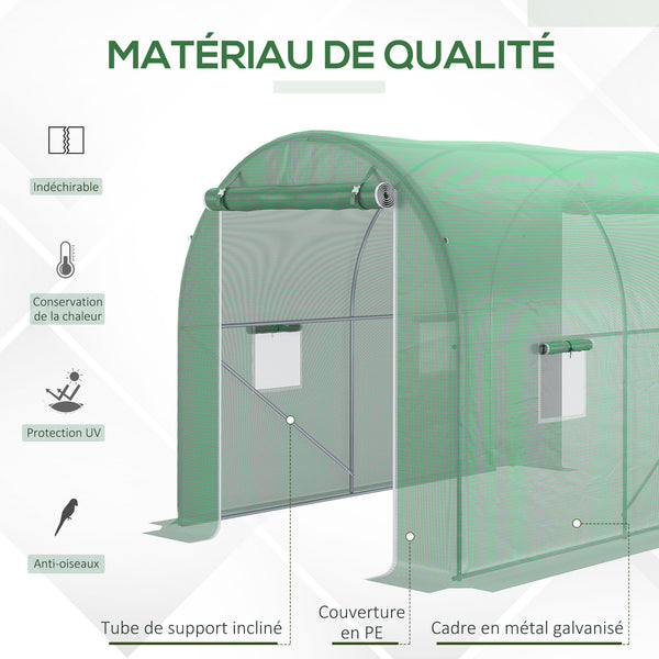 Serre de Jardin Tunnel Surface Sol 6 m² 3L x 2l x 2,10H m châssis Tubulaire renforcé Porte zippée 4 fenêtres enroulables Vert